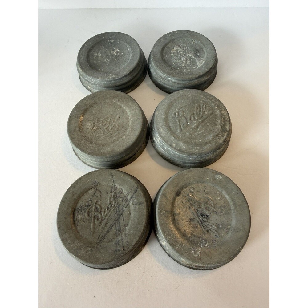 Lot 6 Vintage Zinc Mason Jar Lids Milk Glass Inserts Ball Canning Caps Farmhouse